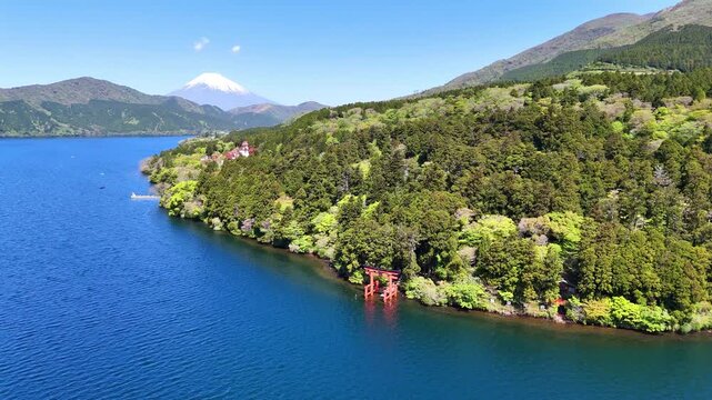 Mount Fuji and Lake Ashi | Hakone Torii Gate - 4K Aerial Video

