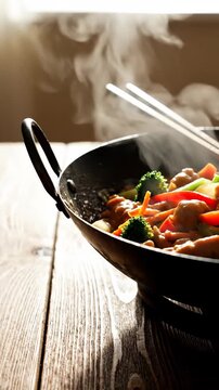 Steaming hot wok dish with chicken broccoli and carrots served with chopsticks resting on a rustic wooden table and bathed in soft natural light