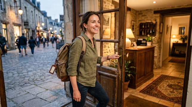 Adult female traveler with cheerful welcoming mood opening a wooden door representing a weekend trip check-in against old city street background