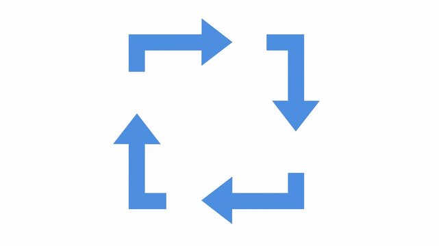 Blue square recycle arrow loop icon isolated on the alpha channel. Minimalist four-arrow rectangular rotation symbol with synchronization sign for process flow in a cartoon animation.