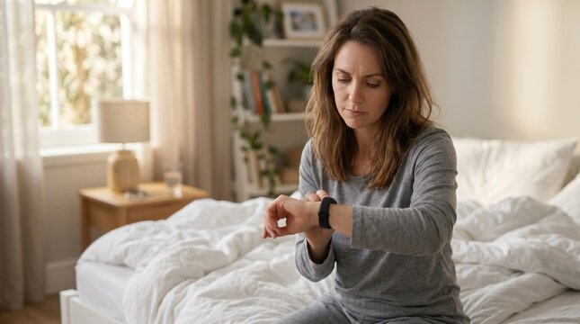 Brunette lady in a disappointed mood analyzing fitness tracker results against a cozy apartment interior background