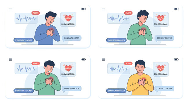 Heart app vector illustration ecg alert abnormal heart rate symptom tracker consult doctor telemed patient