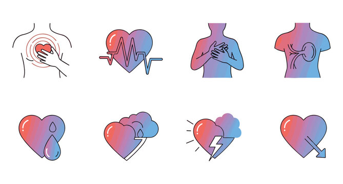 Heartache icons vector illustration emotional cardiac pain symbols gradient set for patient education and mental wellbeing
