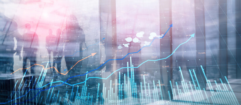 Stock Market Performance Visualization with Business Person and Financial Graphs.