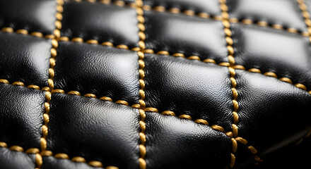 Fototapeta premium Macro view of quilted black leather with gold diamond stitching