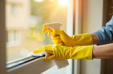 Obraz premium Woman hands in yellow gloves with white cleaning cloth, washing window . white interior on background. soft morning sunlight, sun rays, shadows