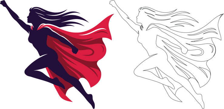 Silhouette and line art drawing of a female superhero flying with a long red cape in a heroic pose for comic book art