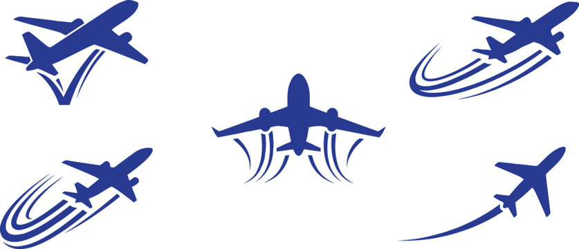 Set of purple airplane icons showing various flight paths and takeoff positions for travel and aviation design projects