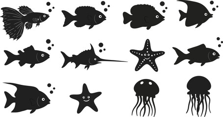 Fototapeta premium Marine life silhouettes showcase a playful underwater theme featuring jellyfish and starfish to enhance creative digital projects.