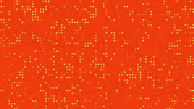 Vibrant orange background with glowing yellow dots. Wavy lines suggest motion or fluidity. Dots cluster and scatter across the frame. Abstract pattern evokes digital or organic energy