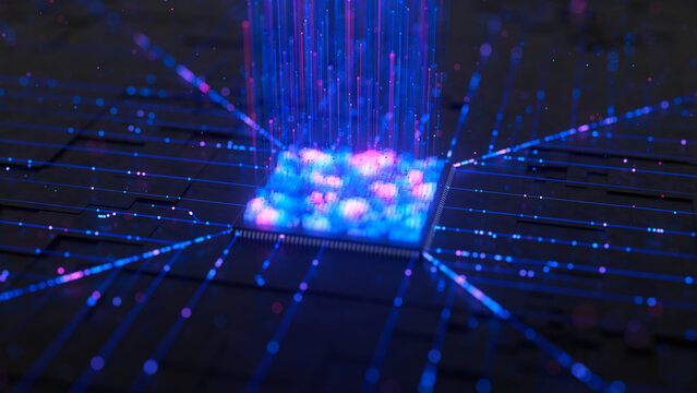 Closeup of Artificial intelligence microchip, central data processing unit on circuit board. Quantum computing core with data flow into and logic operations. Futuristic technology neural network.
