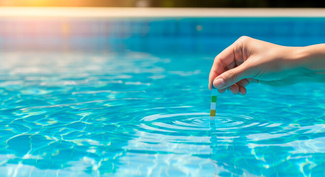 Person testing pool water with chemical test strip to check pH and chlorine levels. This maintenance activity is used for home pool care, water quality safety, and residential sanitation.