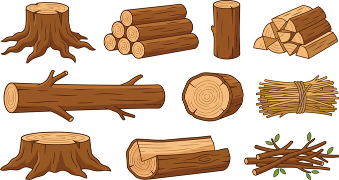Set of various wooden logs tree stumps and firewood piles for nature forest industry and forestry supplies icons collection