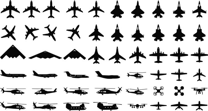 Large collection of aircraft silhouettes featuring airplanes helicopters and drones