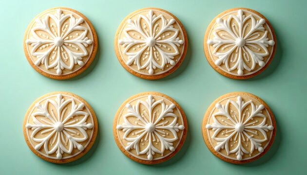 Six sugar cookies featuring intricate royal icing snowflake patterns