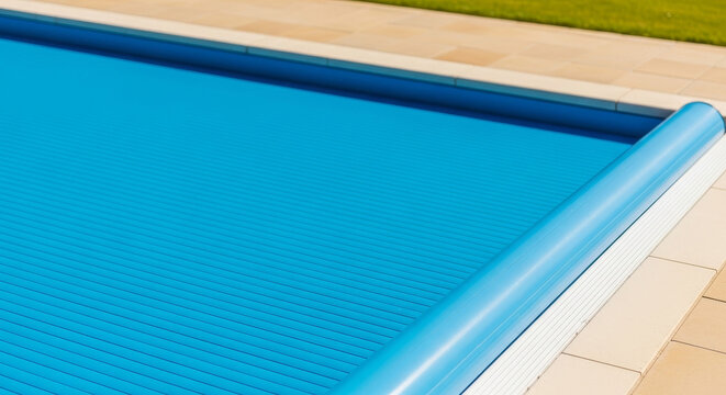 Automatic pool cover closed over a backyard swimming pool for safety. This home maintenance feature is used for child protection, energy saving, and water cleanliness.