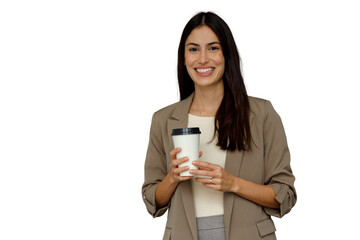 Fototapeta premium Smiling young business professional woman holding coffee paper cup, enjoying break, transparent background