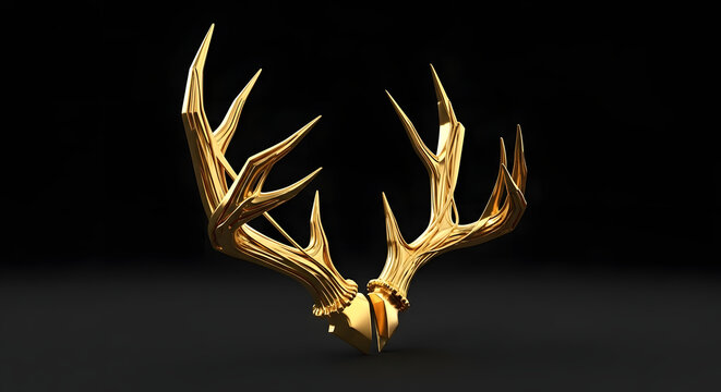 Shiny golden deer antlers isolated on a dark black background