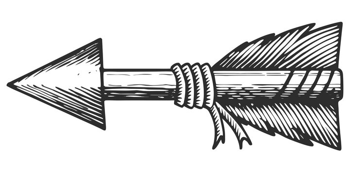 Sketch of an arrow with feathers black and white illustration