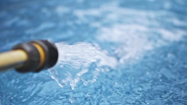 Water pouring into swimming pool creating ripples, slow motion clean blue background