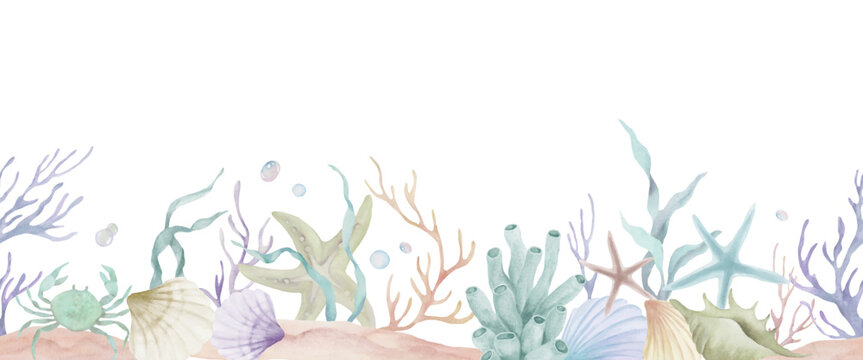 Watercolor seamless marine border with crab, starfish, corals, shells and seaweed on sand. Ocean underwater seabed horizontal pattern on white background. Vector EPS.
