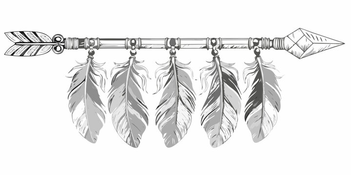 tribal arrow with feathers gray sketch illustration on white background