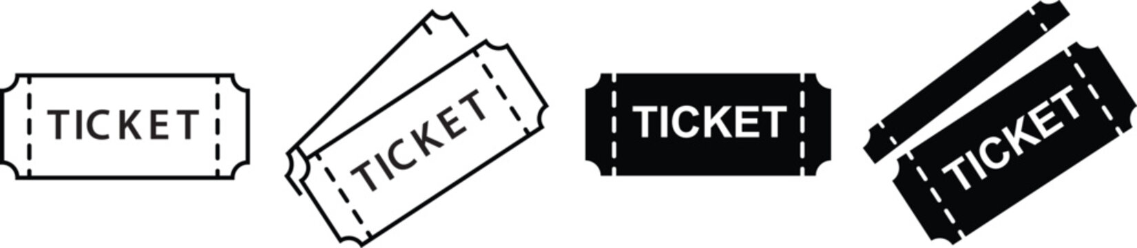Minimalist ticket icon set, black and white event admission stubs, vector raffle and cinema entry coupons for entertainment and travel booking