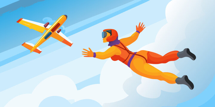 Skydiver in free fall with airplane vector illustration