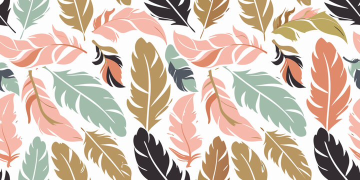 Feather pattern seamless design with colorful stylized feathers on white background
