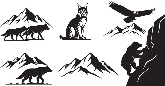 Black and white of five different animal heads in profile view wolf deer