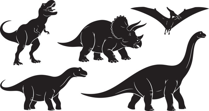 Black and white of five different dinosaur species in dynamic poses t-rex stegosaurus triceratops de