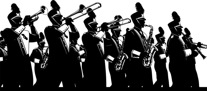 Marching band silhouettes with trumpet, trombone, flute, saxophone, clarinet, musicians in uniform, parade performance, musical ensemble illustration design artwork See Less
