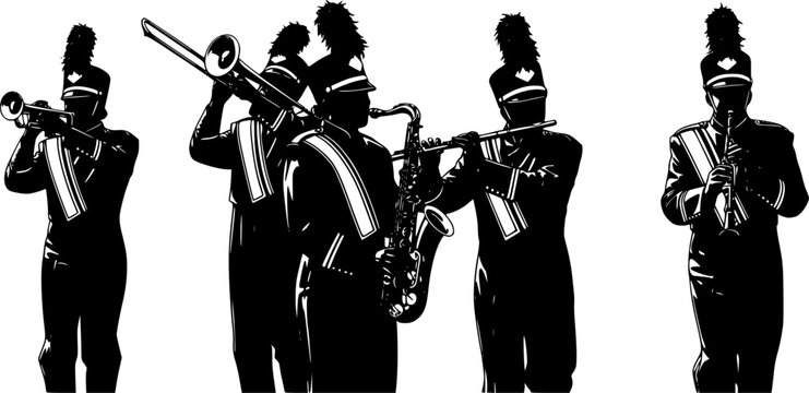 Marching band silhouettes with trumpet, trombone, flute, saxophone, clarinet, musicians in uniform, parade performance, musical ensemble illustration design artwork See Less
