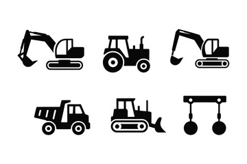 Fototapeta premium Construction vehicle icon set. Solid black glyph pictograms of excavator, bulldozer, dump truck, tractor, and crane in silhouette style