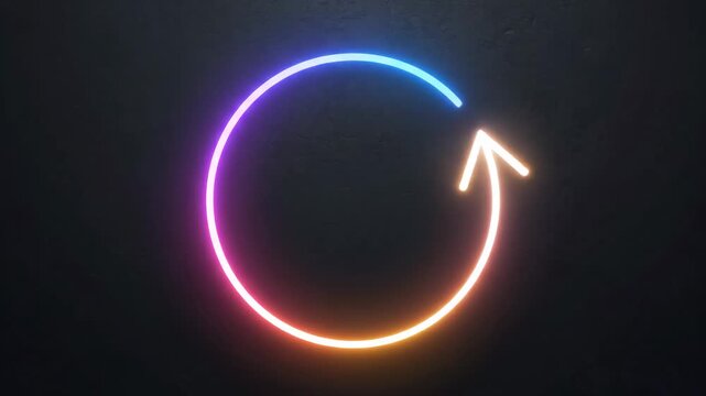 Vibrant neon circle with swirling arrow glows in a dark abstract space, symbolizing technology, progress, renewal, and endless motion for futuristic digital design concepts