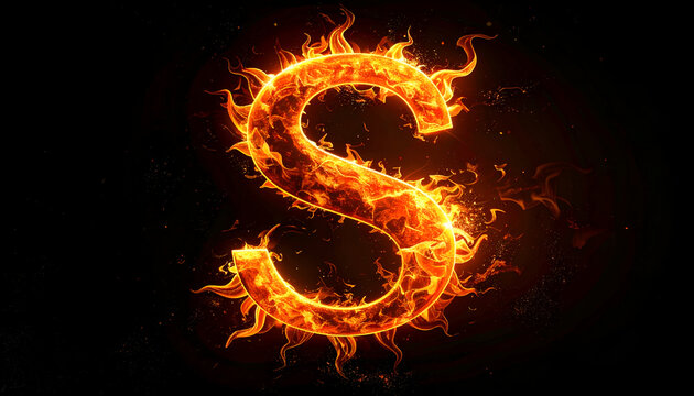 Fiery letter S made of bright orange flames and sparks on a dark background