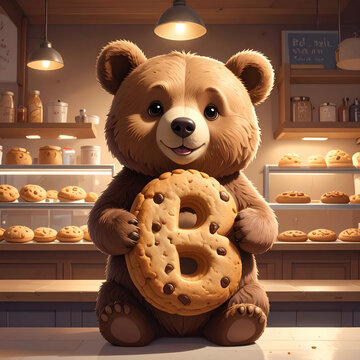 Cute brown teddy bear holding a large chocolate chip cookie shaped like the letter B