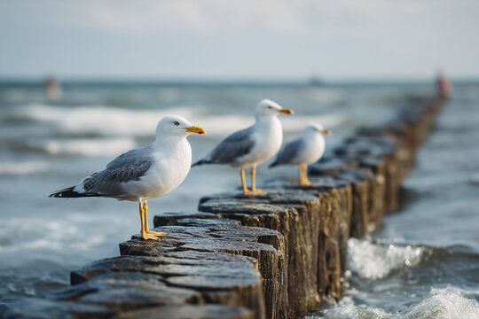 Seagulls standing on wooden breakwater Baltic Sea coastal scene minimal composition mewy falochron