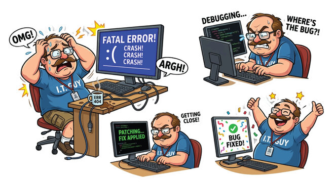 Funny IT guy sticker set with system crash and bug fixing concepts, cartoon programmer mascot dealing with fatal errors, debugging code, and celebrating success for tech support clipart.
