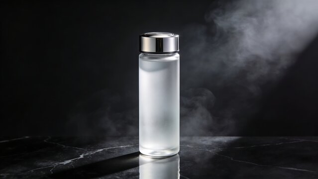 Premium water bottle. Tall design, made of frosted crystal glass with a platinum metal lid.