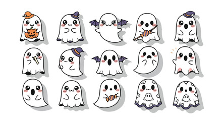 Obraz premium Flat lay of 15 cartoon ghost stickers with various Halloween-themed accessories on a white background in a playful and spooky mood.