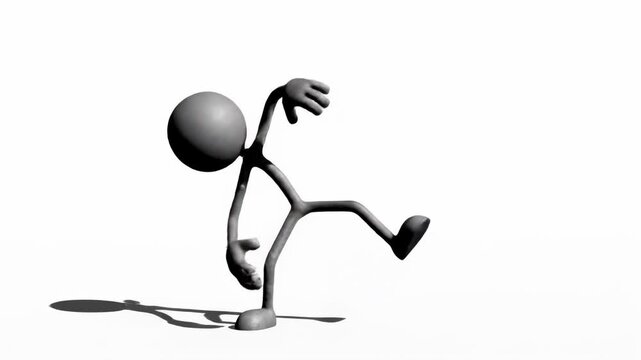 A gray three-dimensional figure with exaggerated limbs is caught mid-tumble, its entire form conveying a sense of disorientation and precariousness with a dramatic shadow cast beneath it onto
