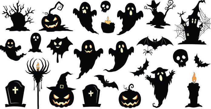 Halloween collection of dark icons features spectral ghosts, skulls, glowing candles, and twisted trees perfect for eerie seasonal design themes.