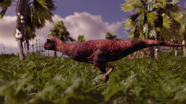 4k 3d animation of Carnotaurus dinosaur strides through a dense prehistoric jungle of ferns and palm trees.