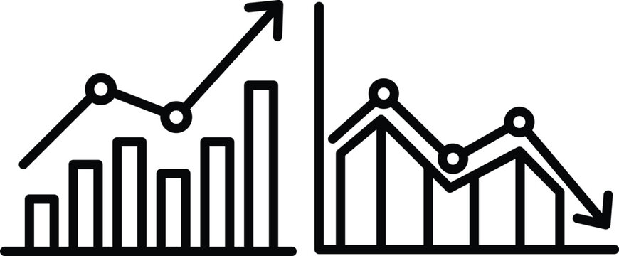 Monochromatic of two graphs showing financial trends, one increasing and one decreasing increase
