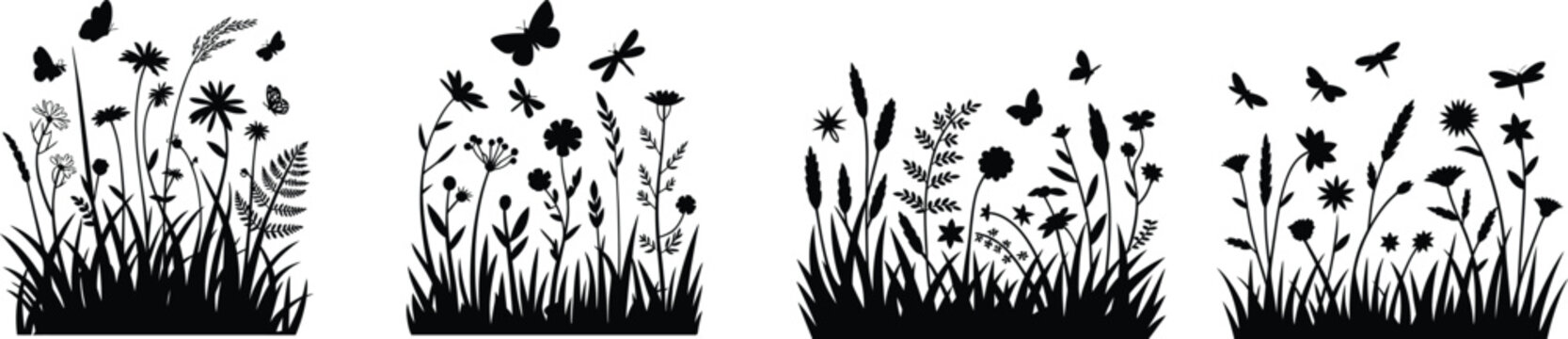 Collection of black silhouettes of wildflowers grass butterflies dragonflies on white background for nature designs with wildflowers silhouette butterfly dragonfly