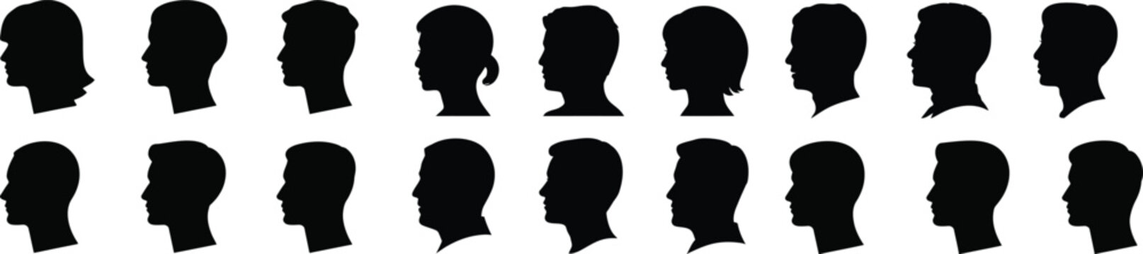 Collection of diverse human head profiles in silhouette format isolated on white background showing various hairstyles with silhouette ethnicity identity anonymous