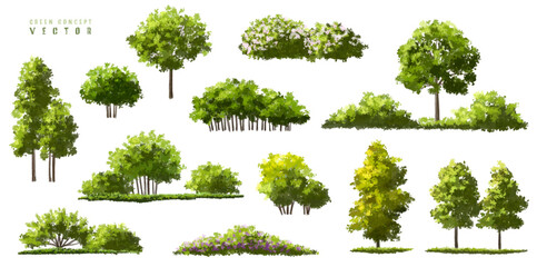 Naklejka premium Vector watercolor of tree side view isolated on white background for landscape and architecture drawing, elements for environment and garden, painting botanical for section