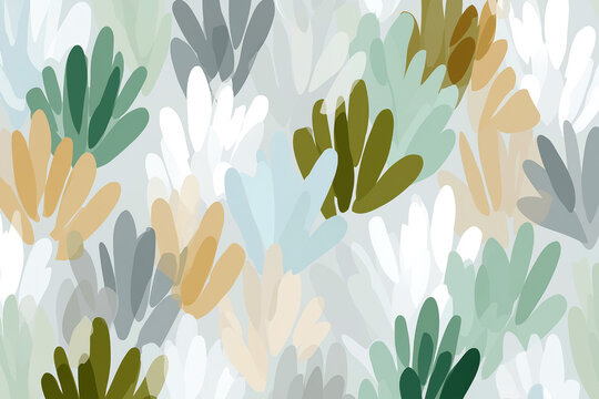 Abstract illustration of overlapping leaf shapes in various shades of green, beige, and white creating a textured pattern on a light background
