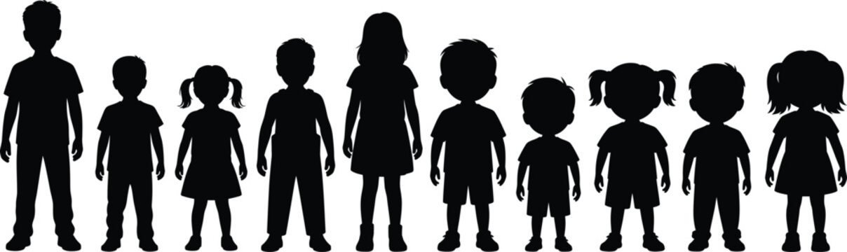 Collection of children silhouettes: standing kids of various ages and heights representing growth and childhood development with children silhouette childhood illustration